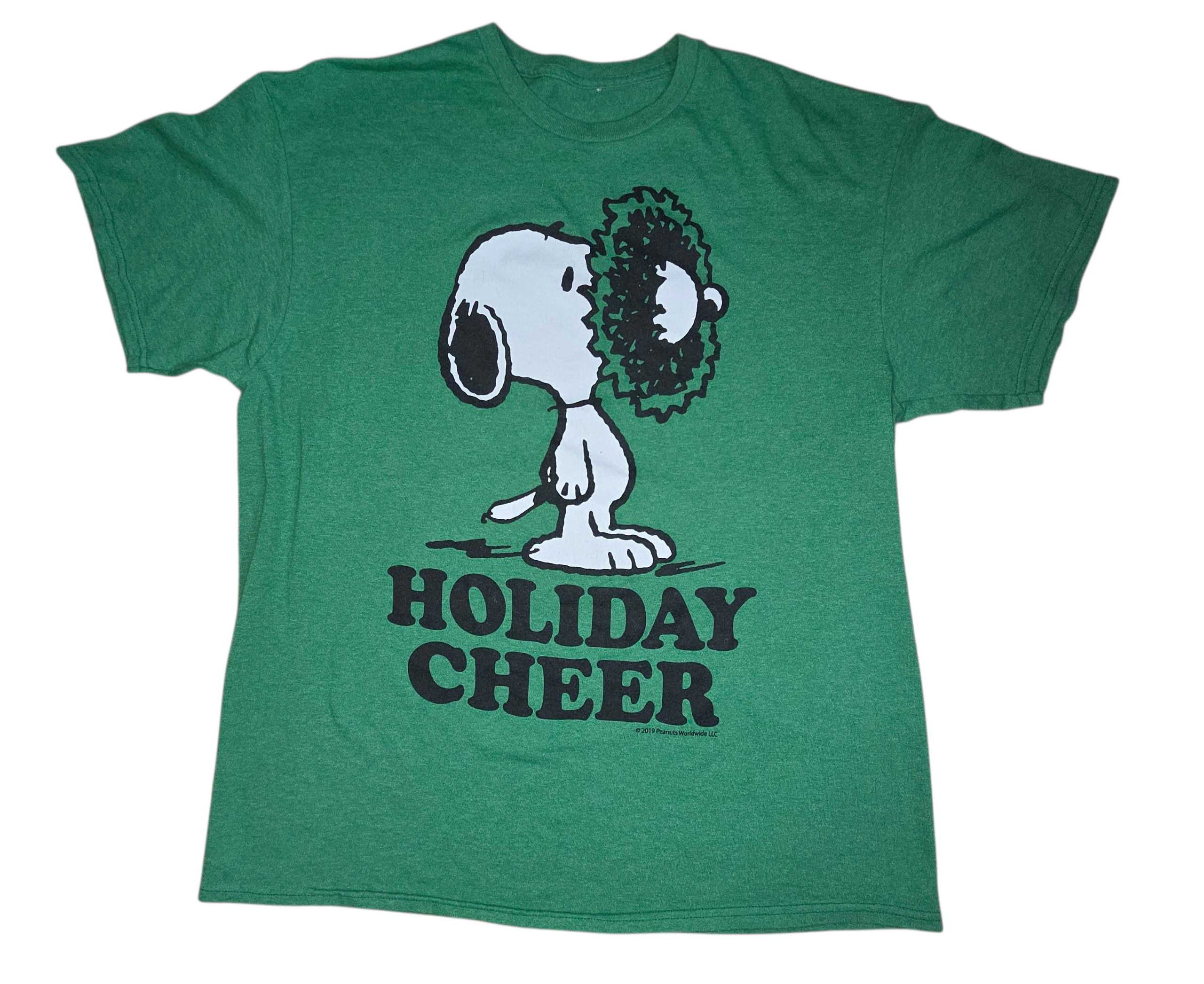 Peanuts Snoopy With Wreath Holiday Cheer Christma Green T-Shirt Size XL