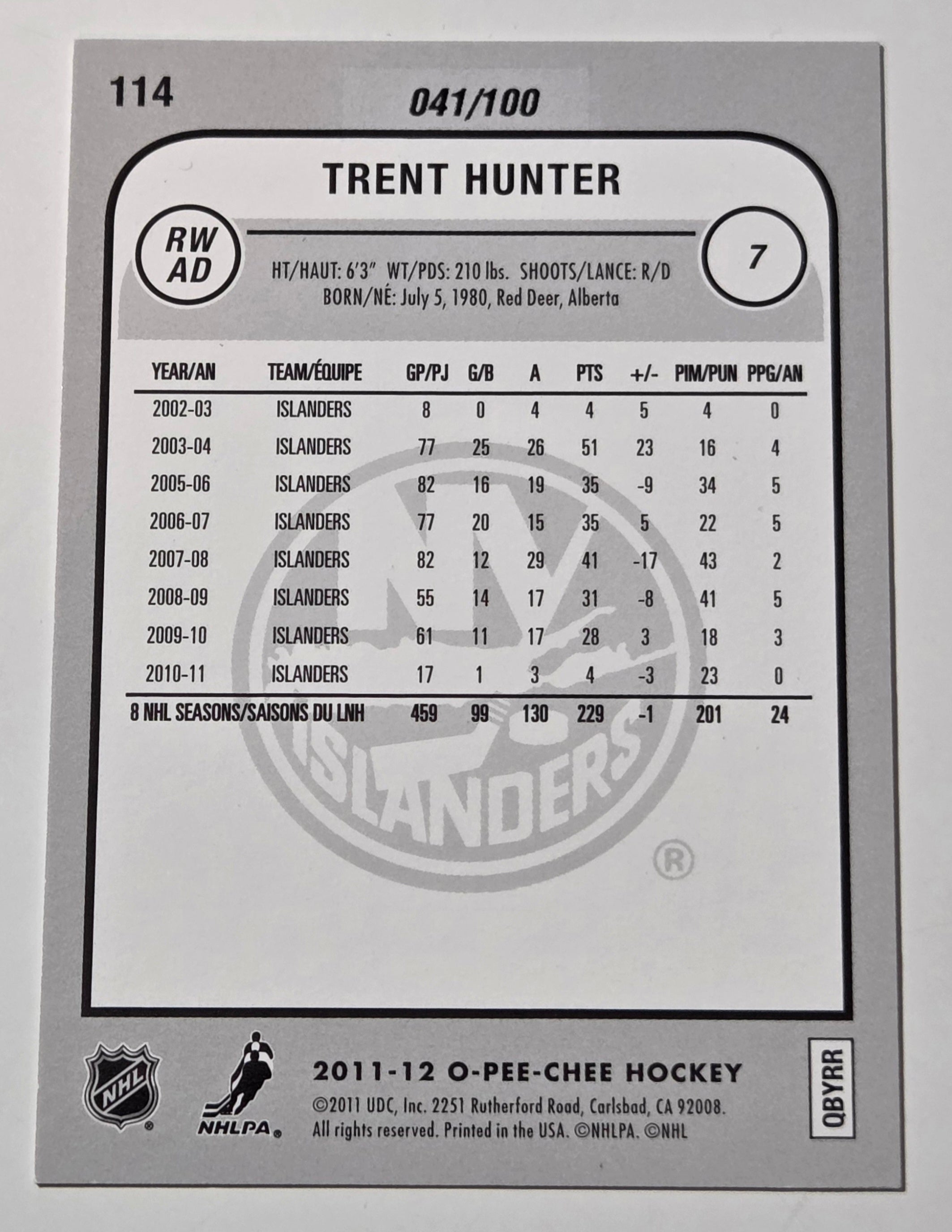 2011-12 O-Pee-Chee Rainbow Foil Black Border 41/100 Trent Hunter #114 z7j image 2