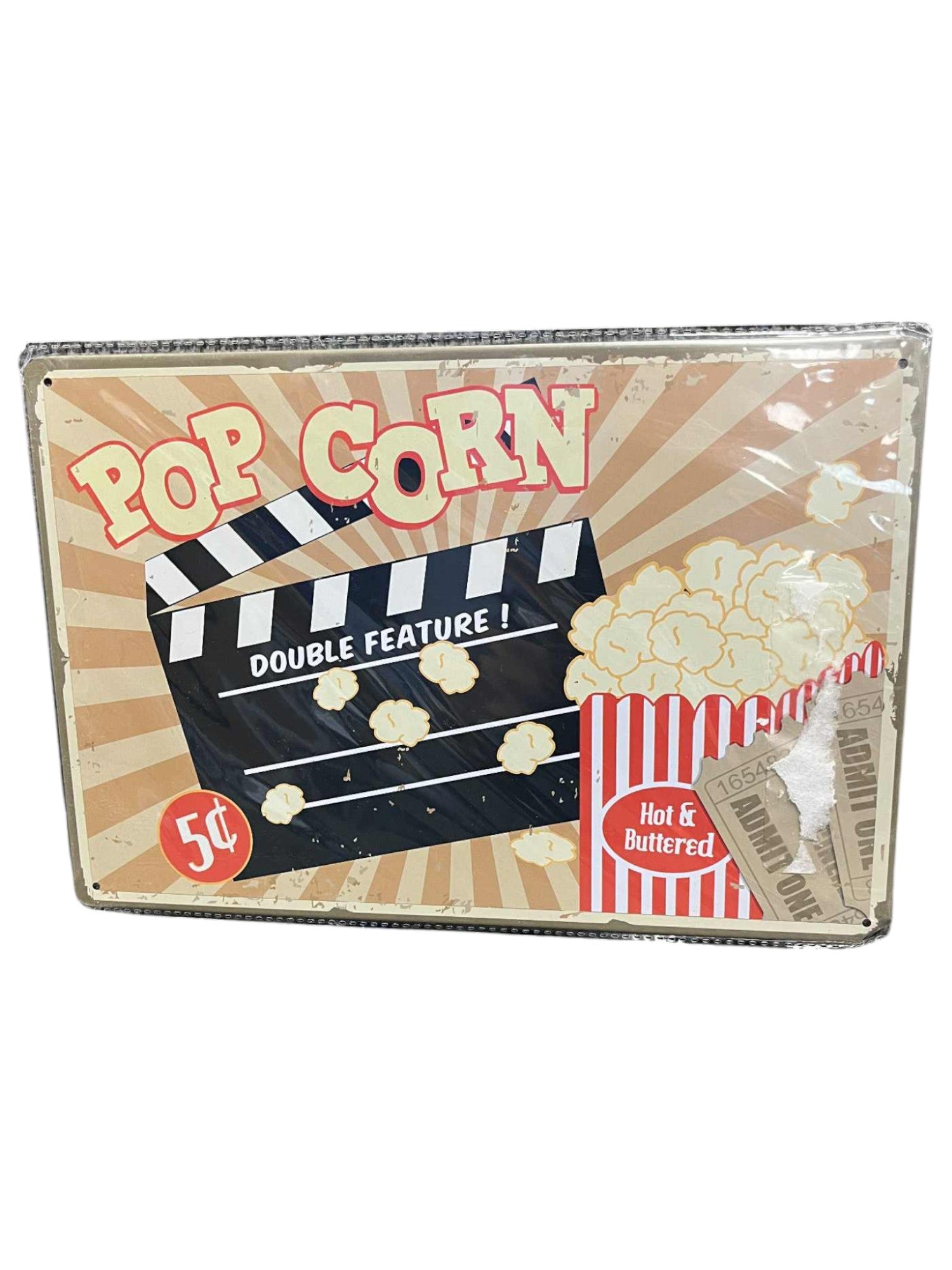 Popcorn Double Feature Hot Buttered Admit One Vertical Tin Sign 12" x 8" - DT