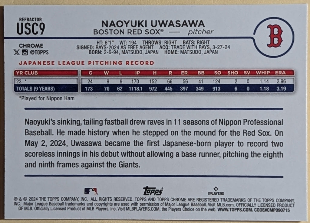 2024 Topps Chrome Update Prism Refractors #USC9 Naoyuki Uwasawa Boston Red Sox image 2