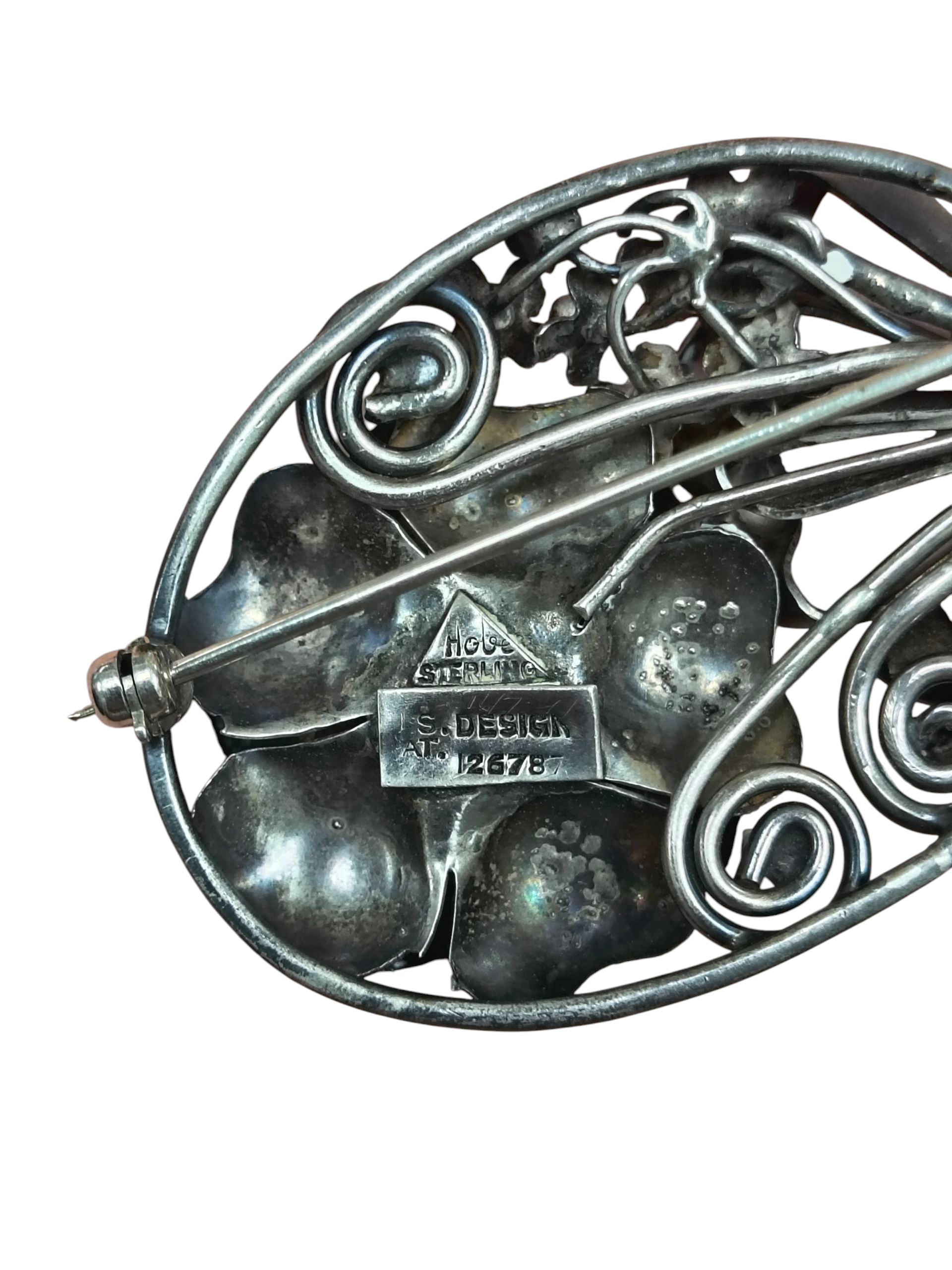 1940's S Design Hobe Sterling Silver Floral Swirl Stem Bouquet Oval Pin Brooch image 3
