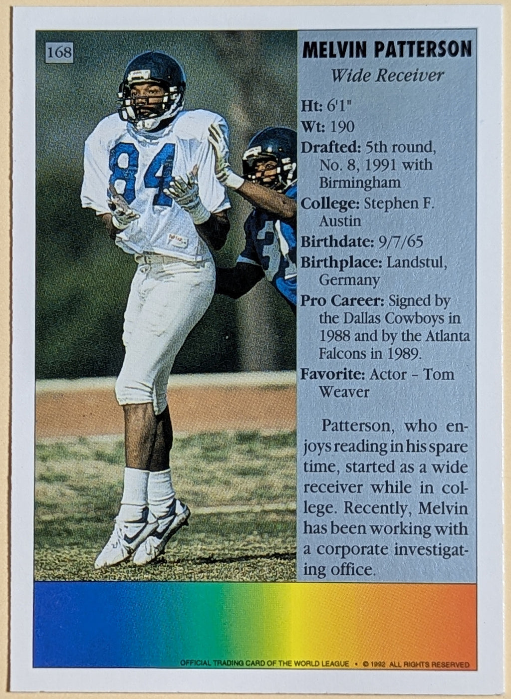 1992 Ultimate World League of American Football Melvin Patterson #168 image 2