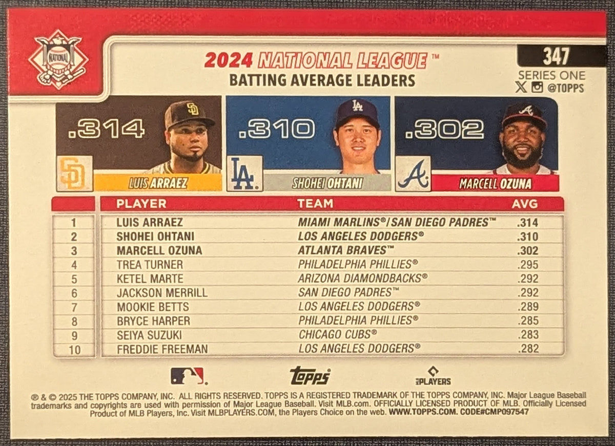 2025 Topps Series 1 Shohei Ohtani Arraez Ozuna Diamante Foil #347 NL Leaders image 2