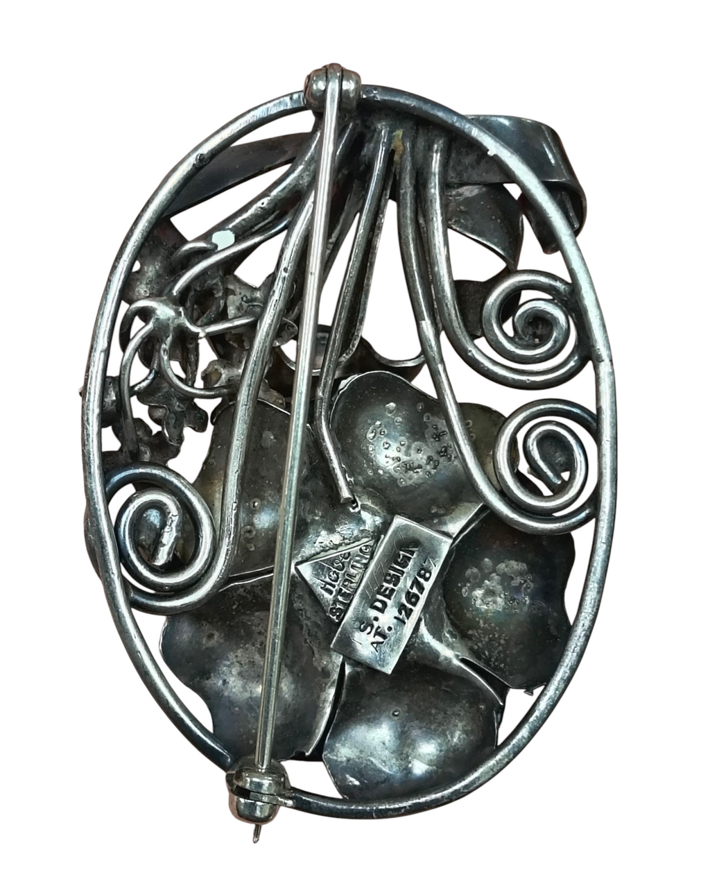 1940's S Design Hobe Sterling Silver Floral Swirl Stem Bouquet Oval Pin Brooch image 2