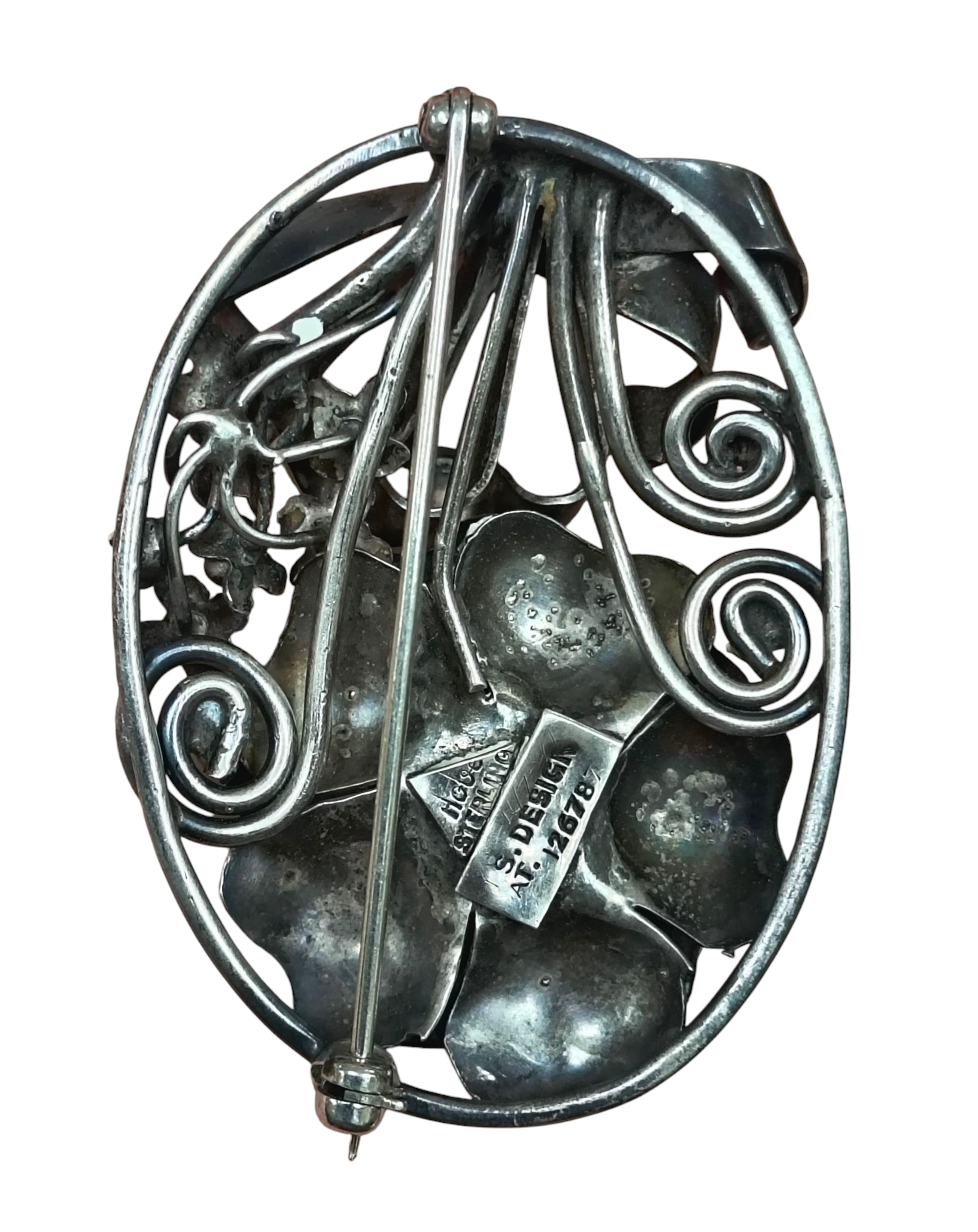 1940's S Design Hobe Sterling Silver Floral Swirl Stem Bouquet Oval Pin Brooch image 2