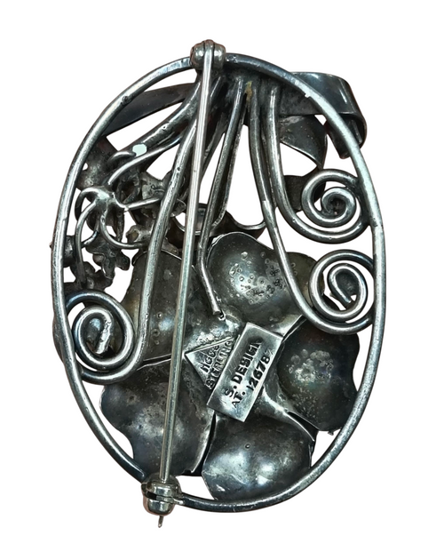 1940's S Design Hobe Sterling Silver Floral Swirl Stem Bouquet Oval Pin Brooch image 2