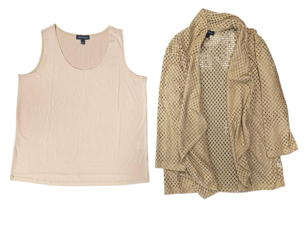 Slinky Brand 3 Piece Tan Duster Cardigan Tank Pant Set Elastic Waist Stretch image 2