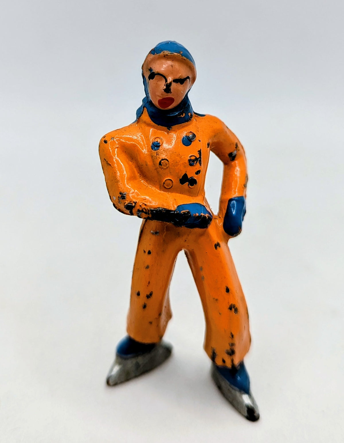 Vintage Lead Barclay Village Ice Skater Orange Blue Figure