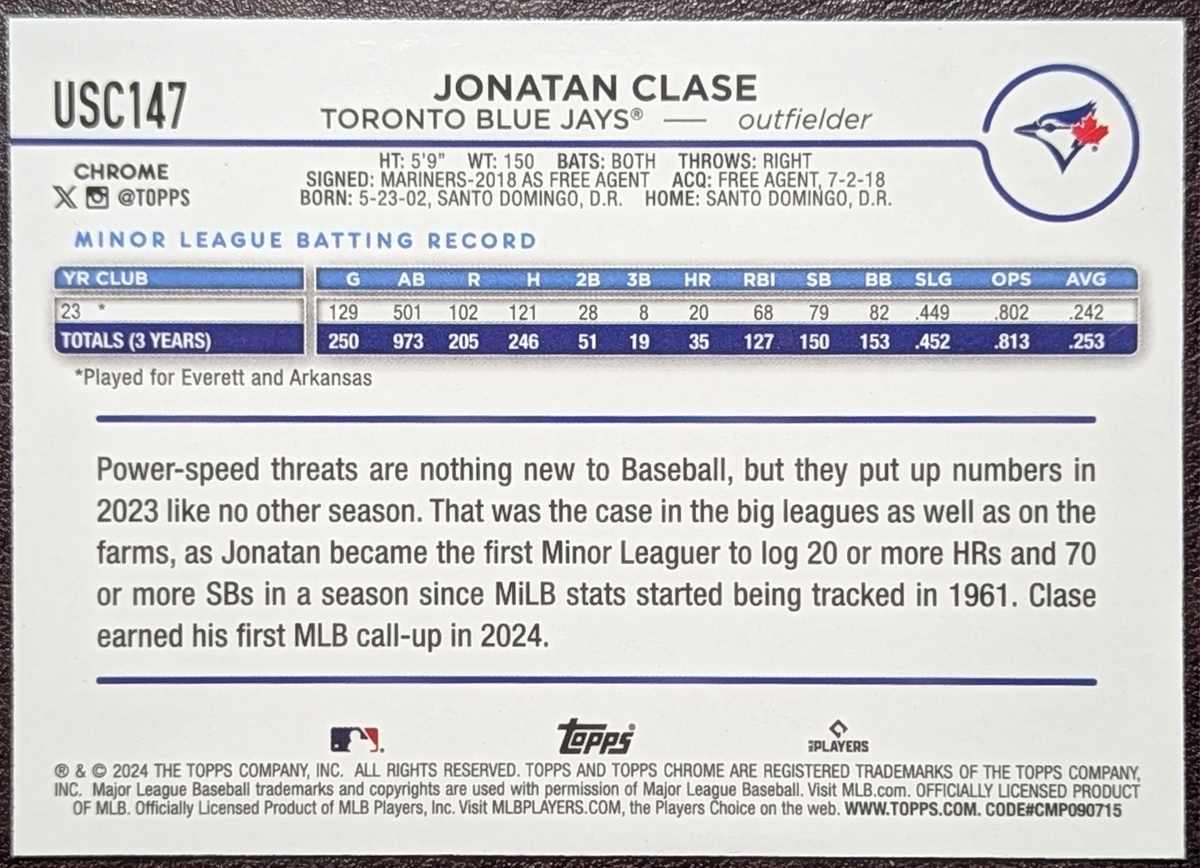 2024 Topps Chrome Update #15 Jonatan Clase X-Fractor Rookie RC Blue Jays image 2