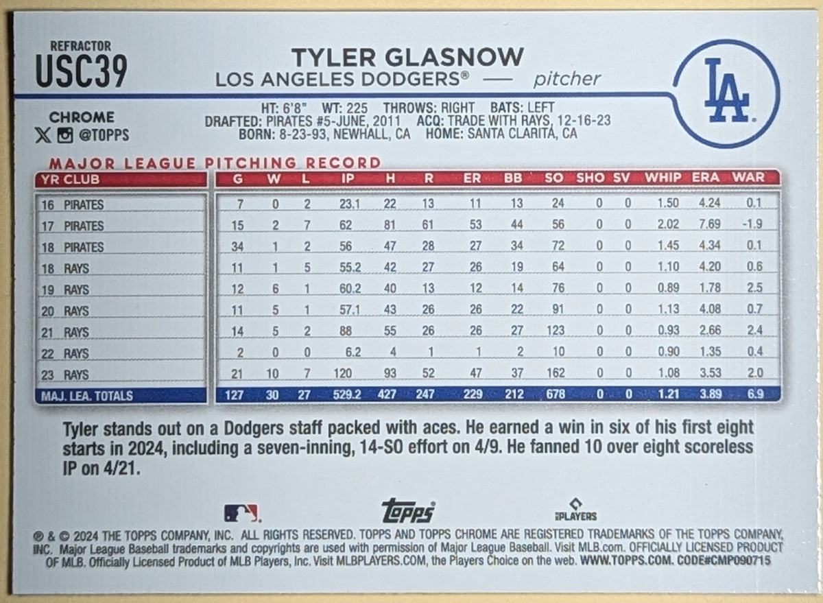 2024 Topps Chrome Update #USC39 Tyler Glasnow Prism Refractor LA Dodgers image 2