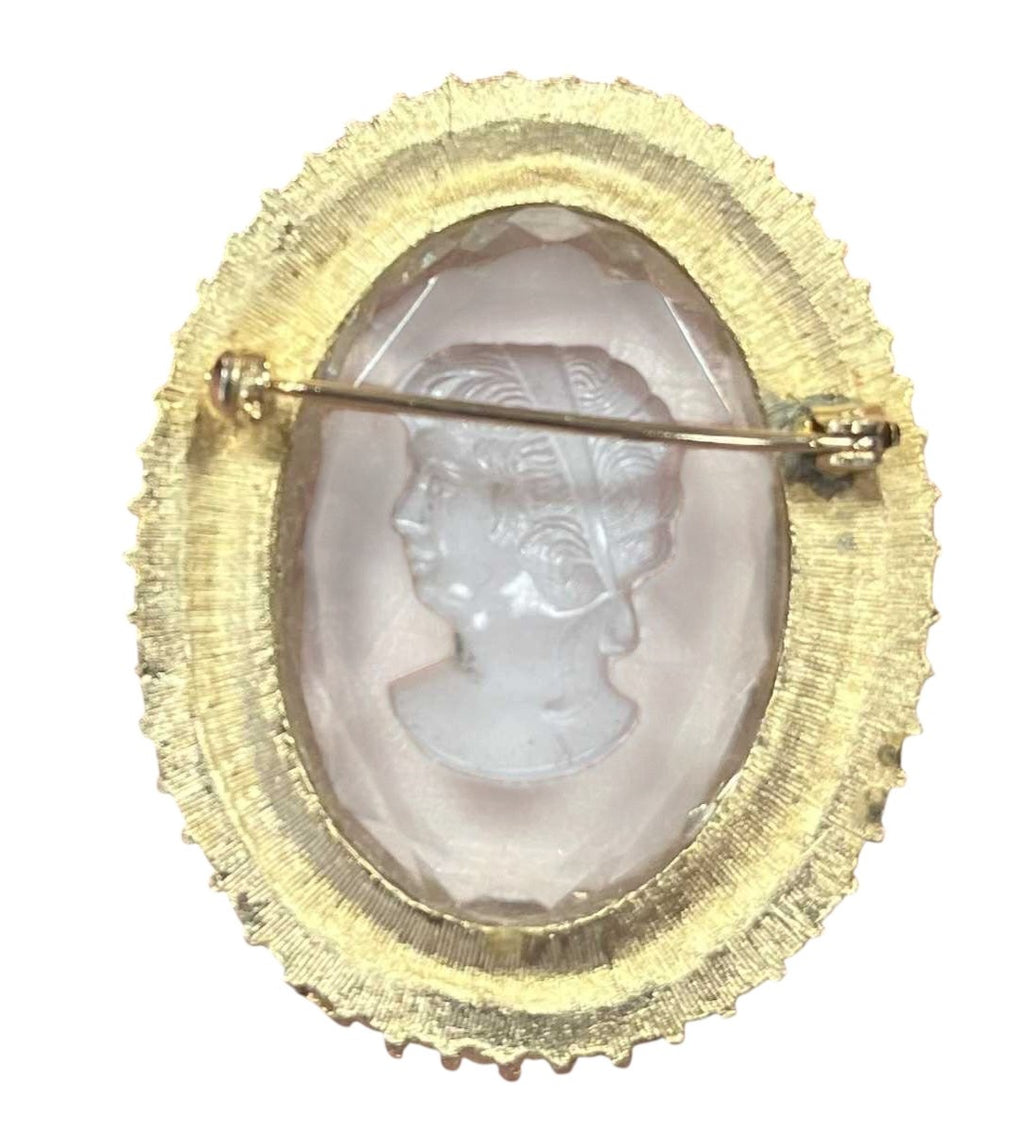 Vintage Micro Pearl & Lucite Etched Clear Cameo Gold Tone Brooch image 2