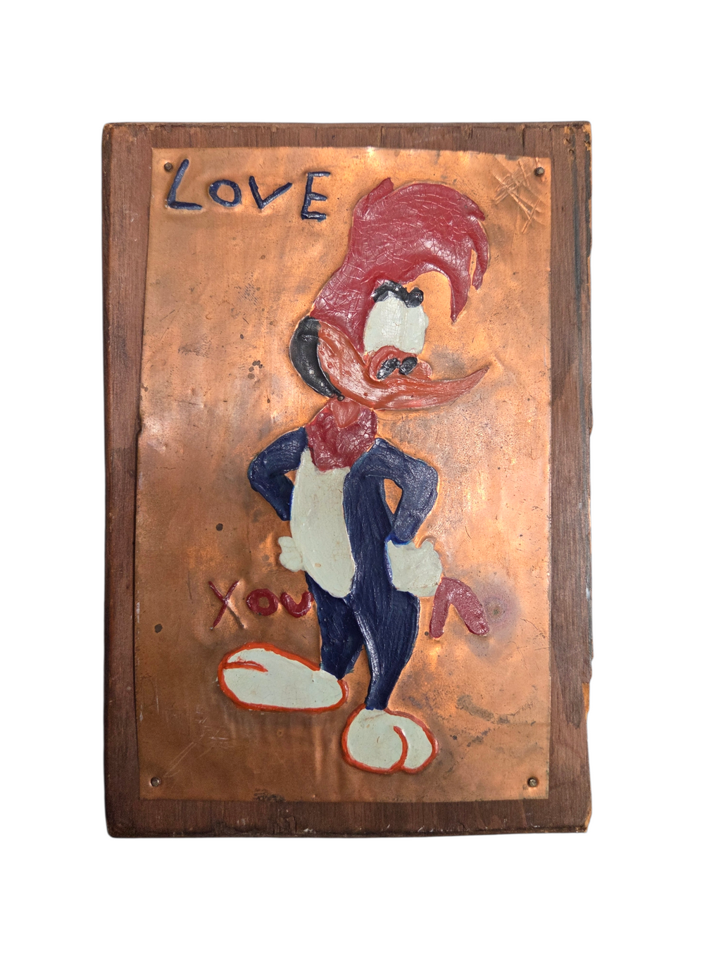 Vintage Custom Made Woody Woodpecker Painting On Copper & Wood