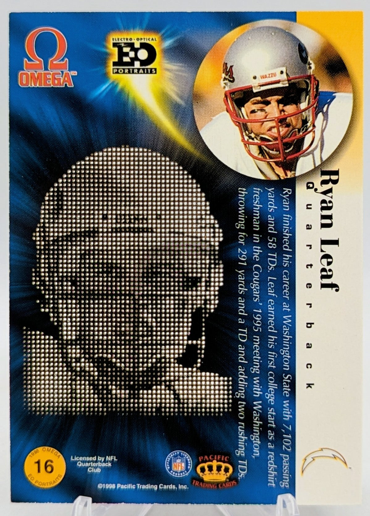 1998 Pacific Omega EO Portraits Ryan Leaf Chargers #16 Rookie RC image 2