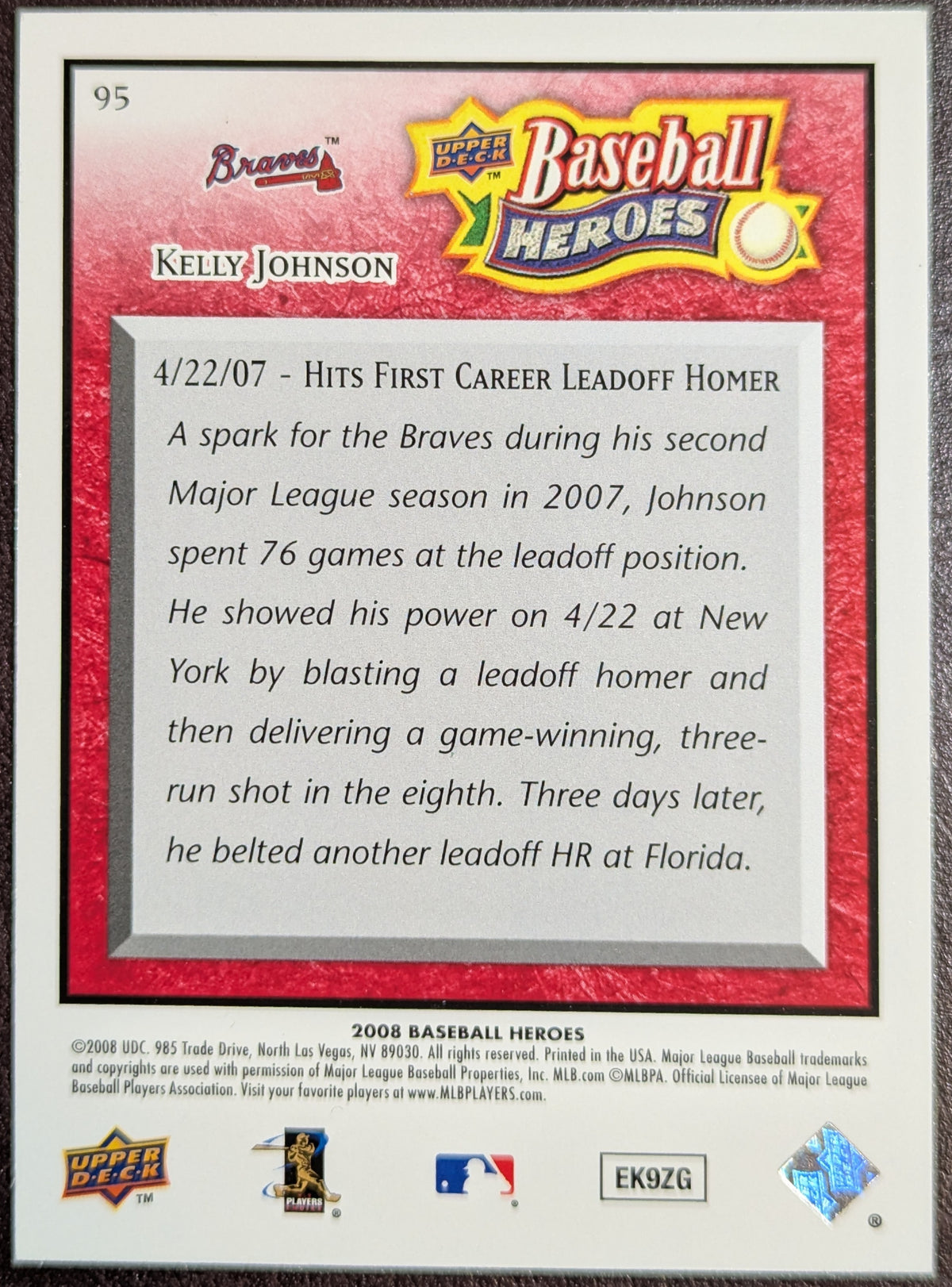 2008 Upper Deck Baseball Heroes Red /249 Kelly Johnson #95 image 2