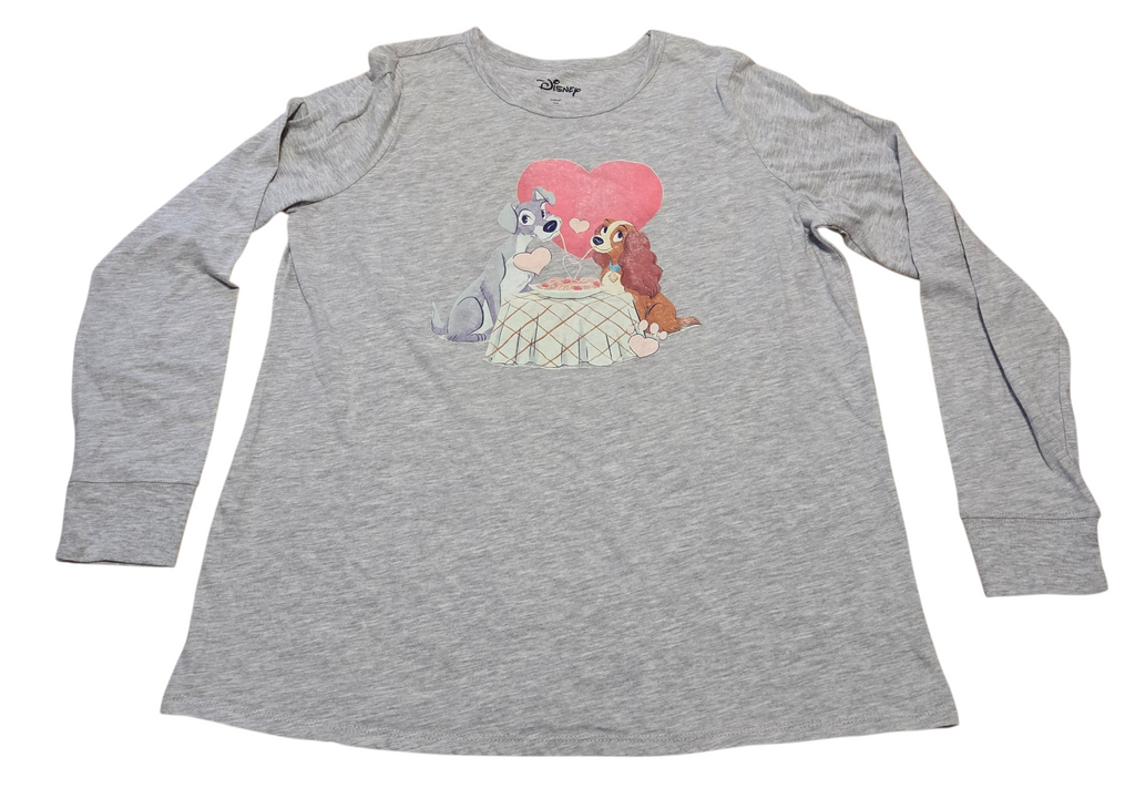 Disney Lady and The Tramp Spaghetti Kiss Long Sleeve Grey Shirt Size 00