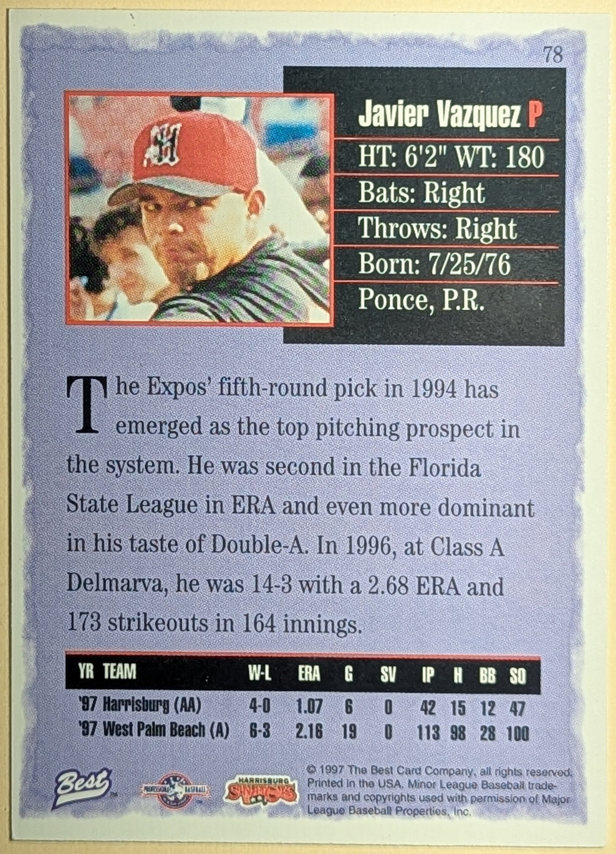 1997 Best Javier Vazquez #78 Harrisburg Senators Rookie RC image 2