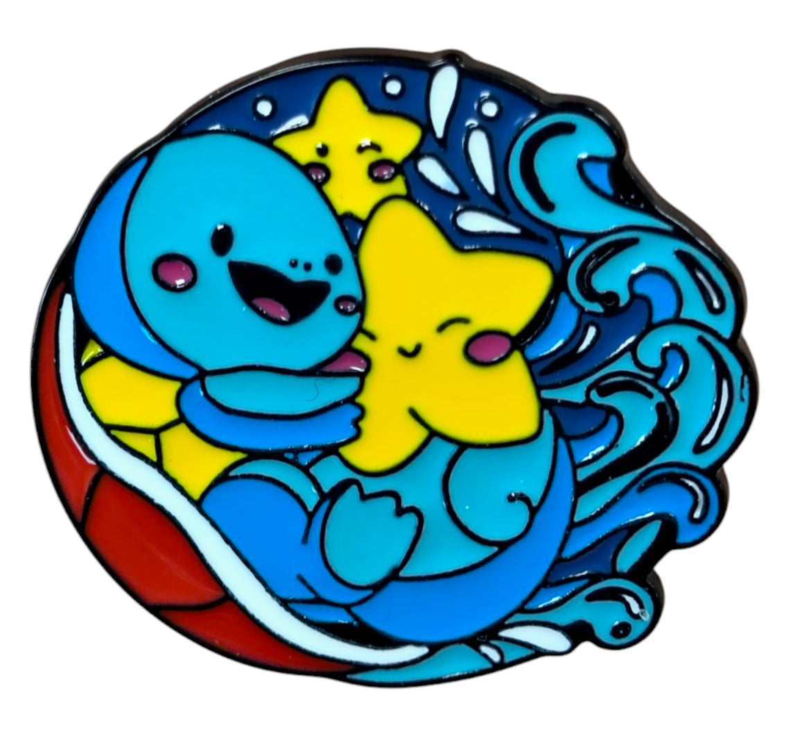 Nintendo Pokemon Cute Squirtle w/ Water And Star Round Enamel Pin
