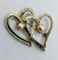 Vintage Signed Pell Faux Pearl On Intertwined Hearts Gold Tone Brooch