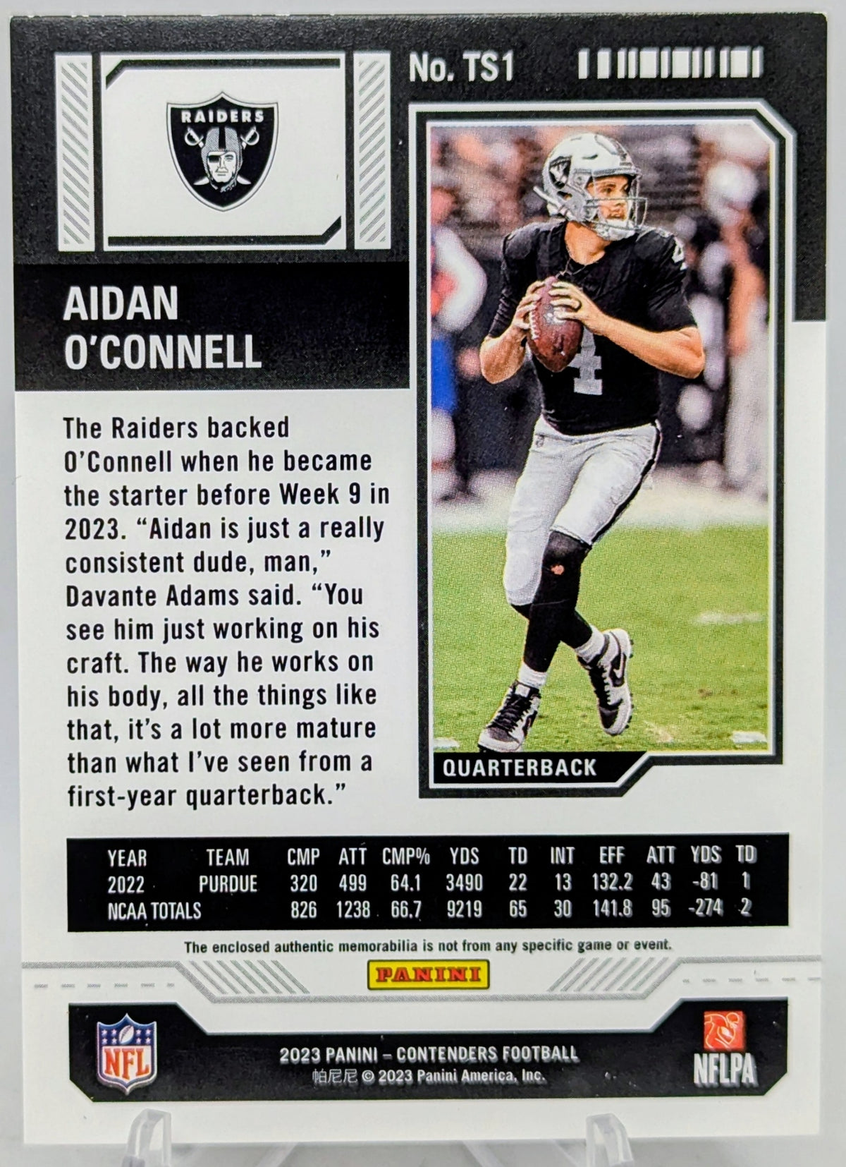 2023 Panini Contenders Aidan O’Connell Rookie Ticket Patch #TS1 Raiders RC SP image 2