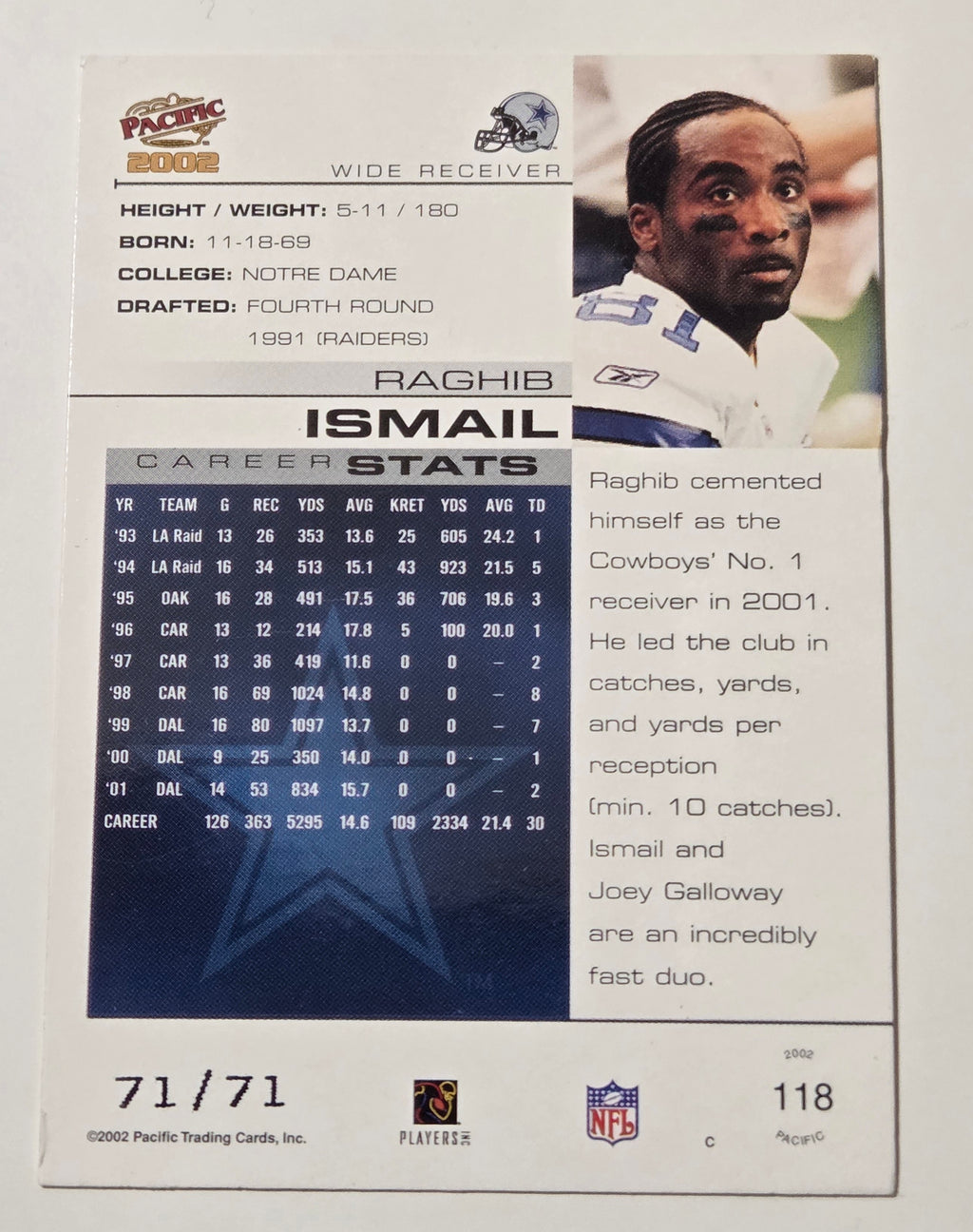 2002 Pacific LTD Football Raghib Ismail Rocket Ismail /71 Cowboys #118 image 2