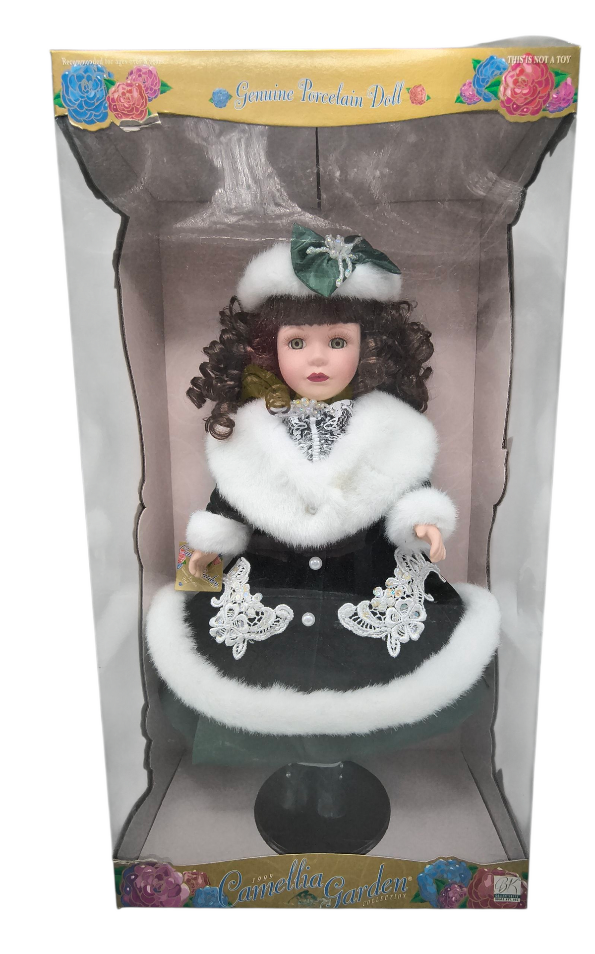 1997 Brass Key Camellia Garden Winter Green Dress Doll w/ Fur Trim 16" Doll