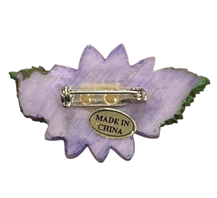 Vintage Floral Purple Daisy Flower w/ Leaves Brooch Made In China image 2