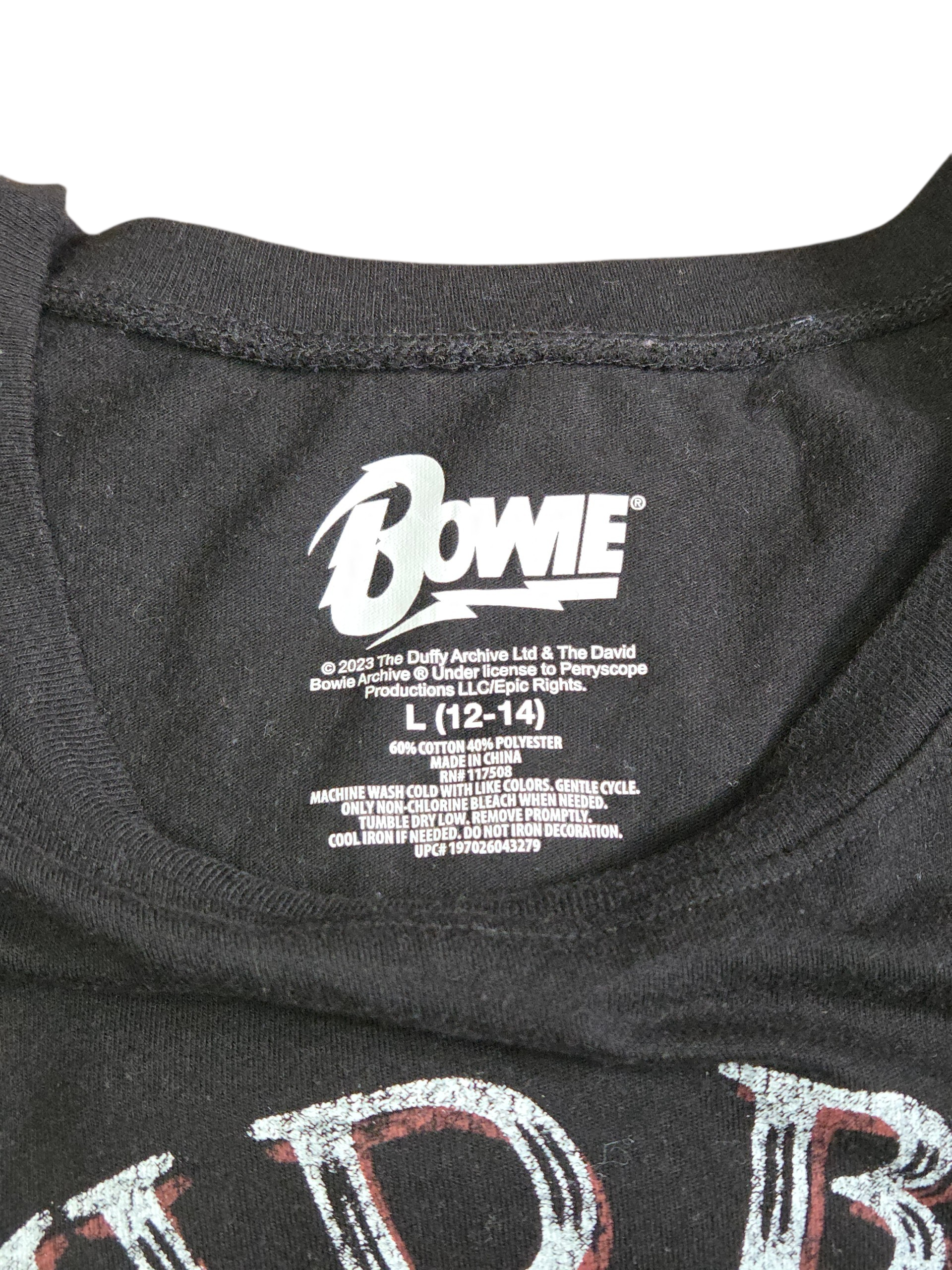 David Bowie Lightning Bolt Leopard Print Black Graphic T-Shirt Size L(12-14) image 3