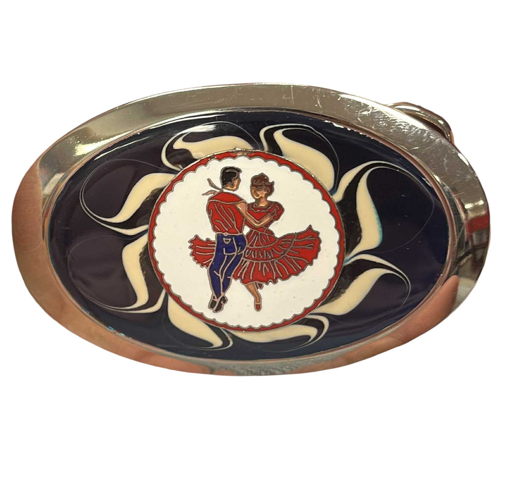 Vintage Chrome Belt Buckle With Round Pic Of Square Dancers / Tango
