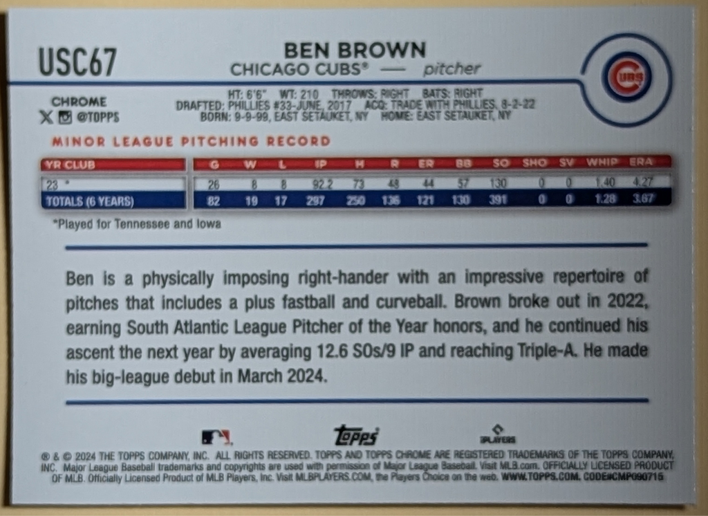 2024 Topps Chrome Update Series X-Fractor RC #USC67 Ben Brown Chicago Cubs image 2