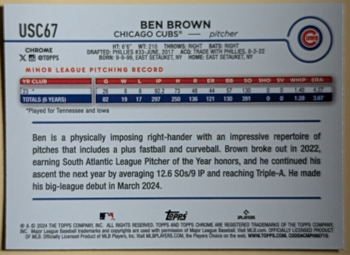 2024 Topps Chrome Update Series X-Fractor RC #USC67 Ben Brown Chicago Cubs image 2