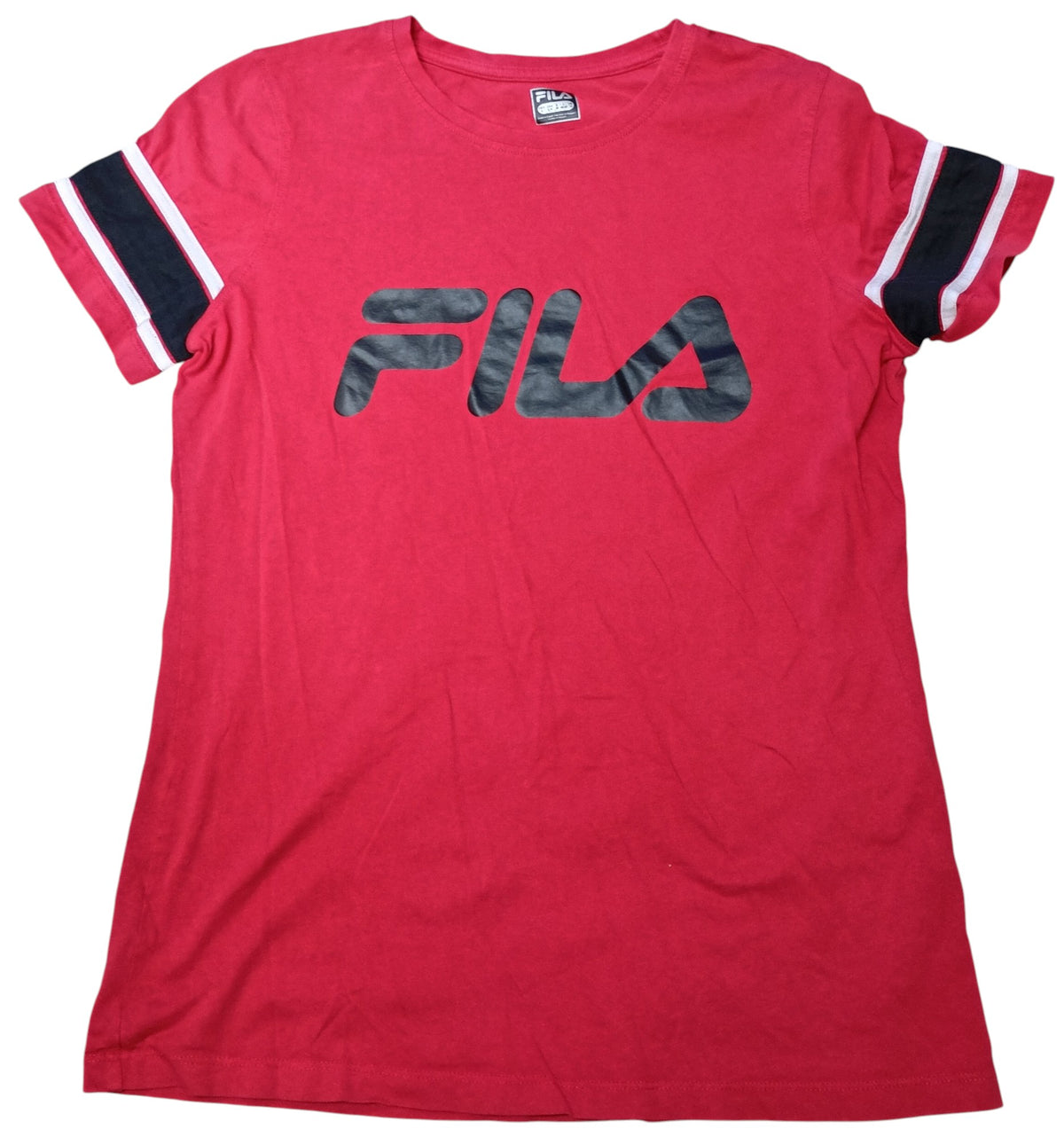 Fila Red Womens Short Sleeve Crew Neck T-Shirt Black And White Stripes Size L