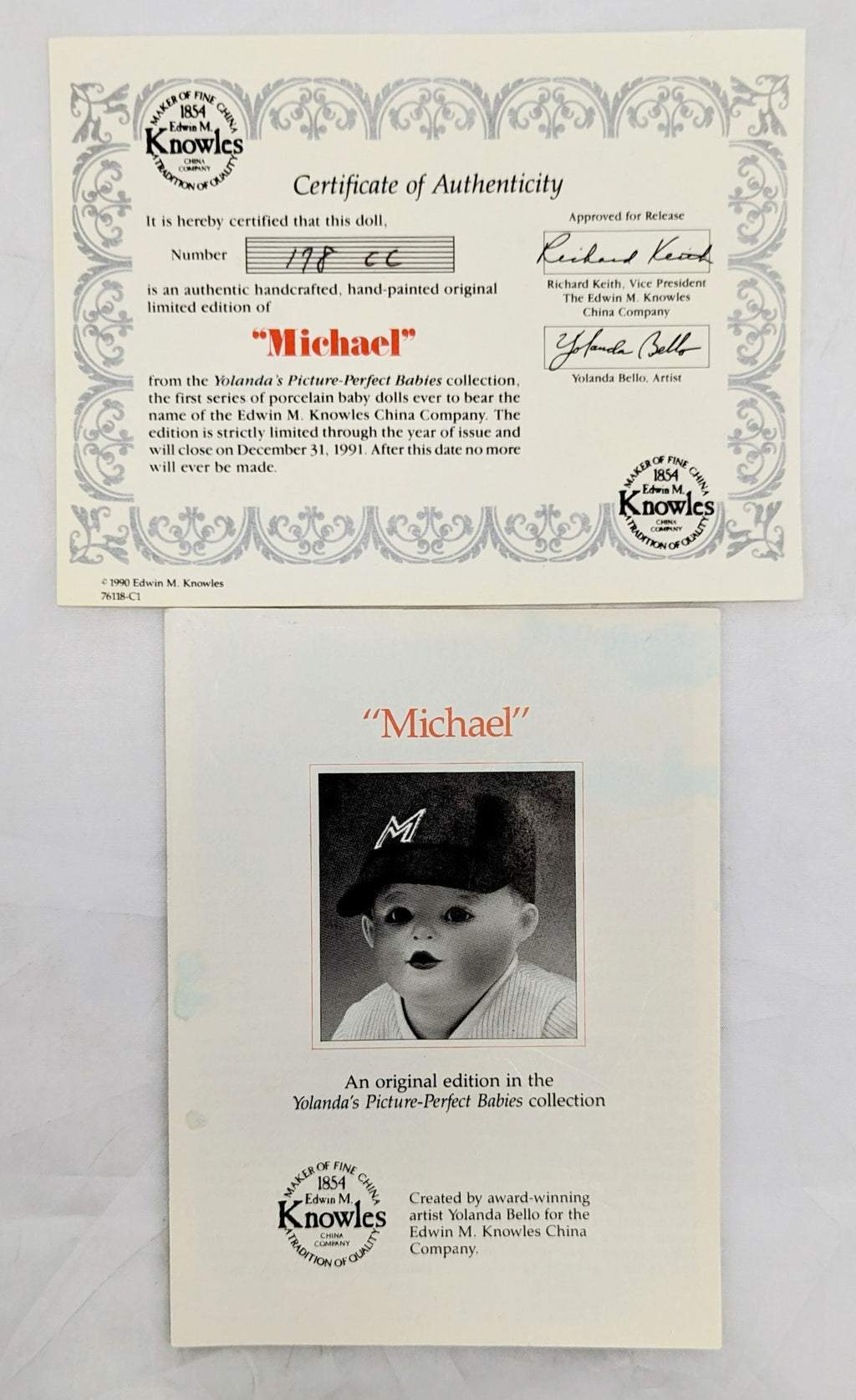 1990 Knowles Yolanda's Picture Perfect Babies Michael Porcelain Doll With COA image 3