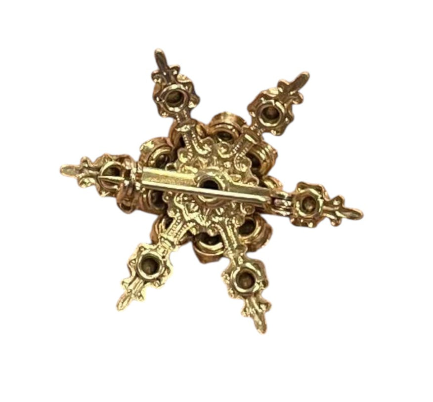 Vintage Dark Green Rhinestones Faux Pearl Gold Tone Star Burst Brooch Pin image 2