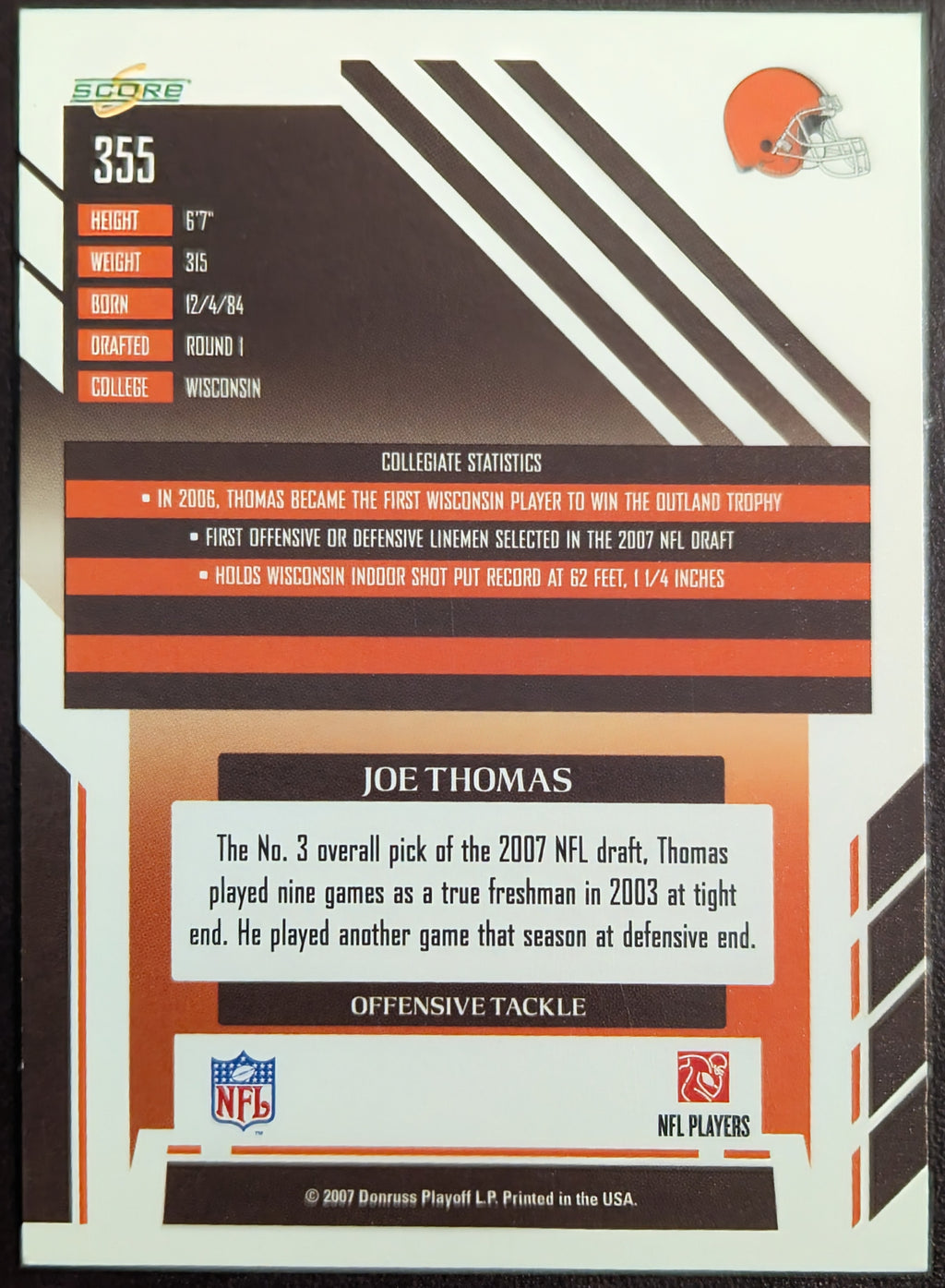2007 Score #355 Joe Thomas RC Rookie Cleveland Browns Football Card image 2