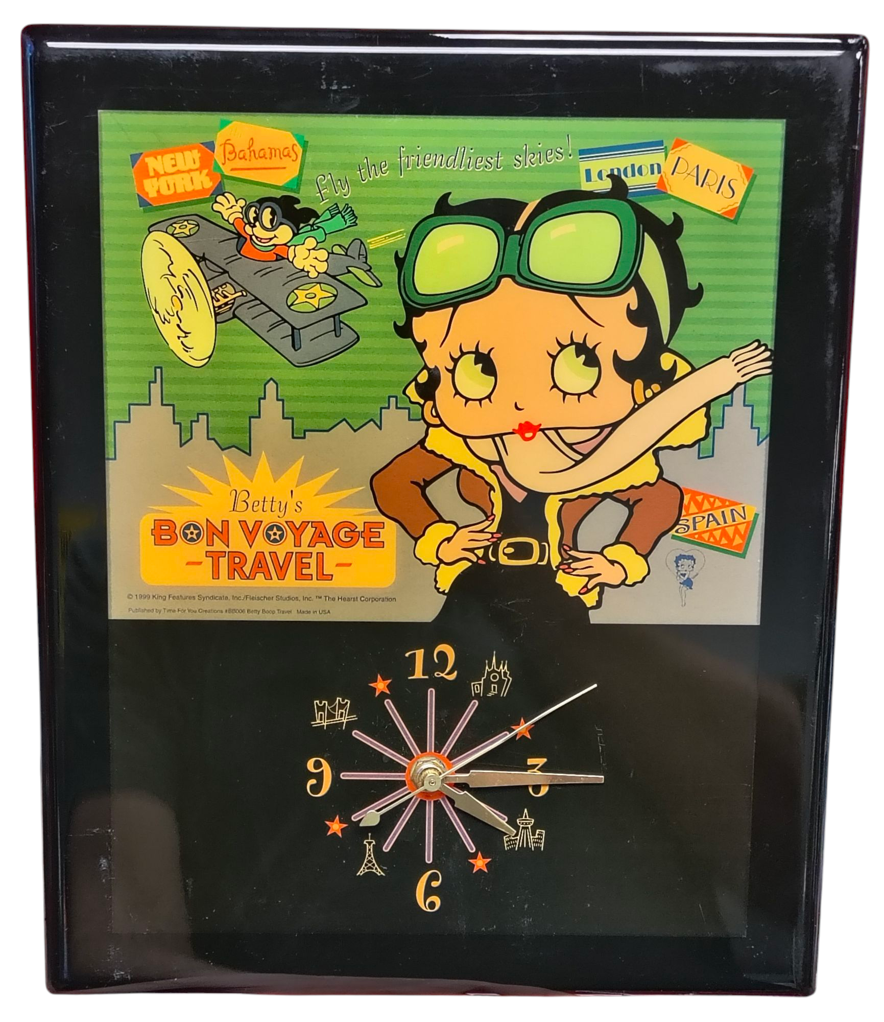 1999 Betty Boop Bon Voyage Enamel Wall Clock 12"x10"