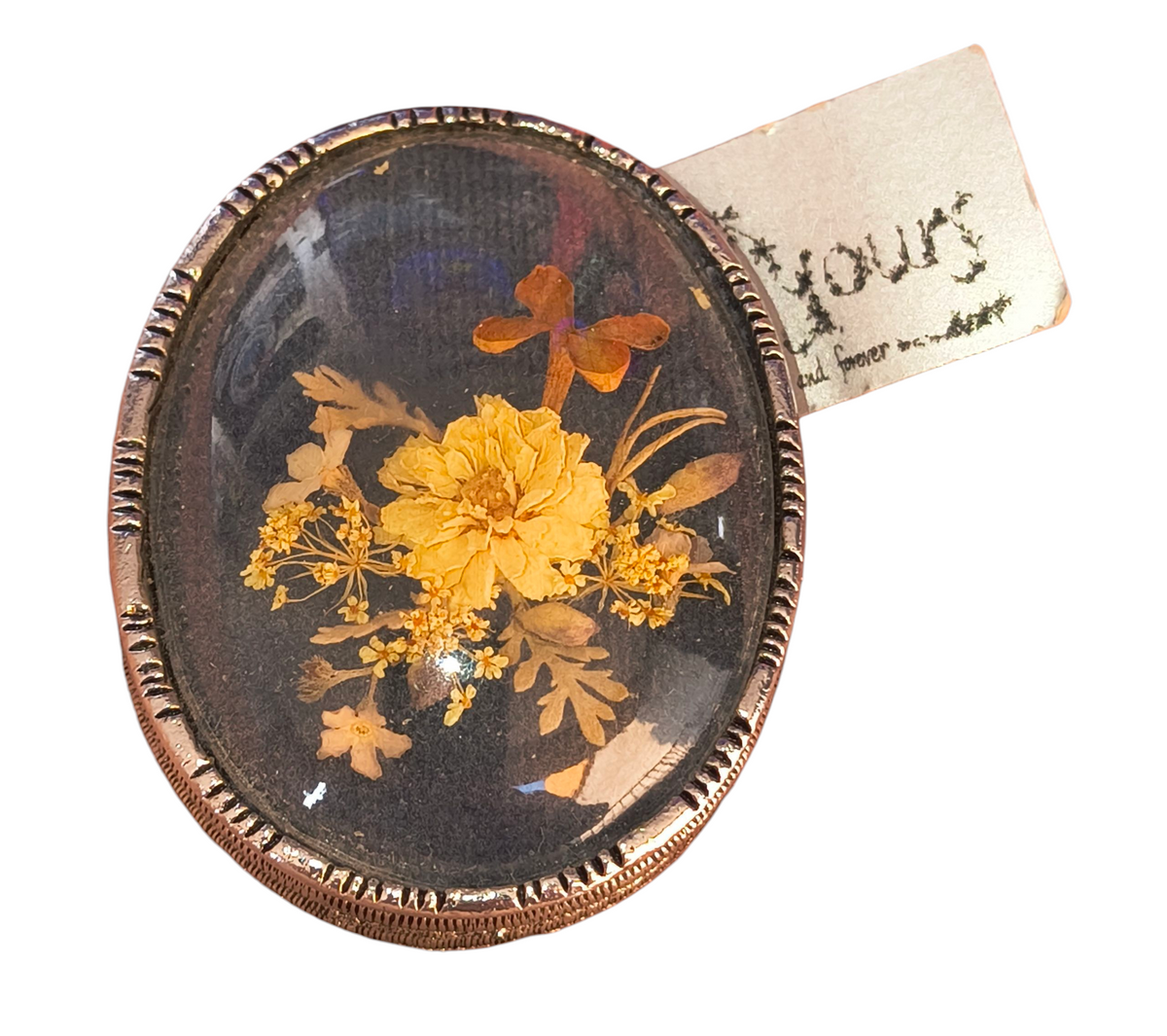 Vintage Oval Preserved Dried Flowers Black Silver Tone Brooch Pendant