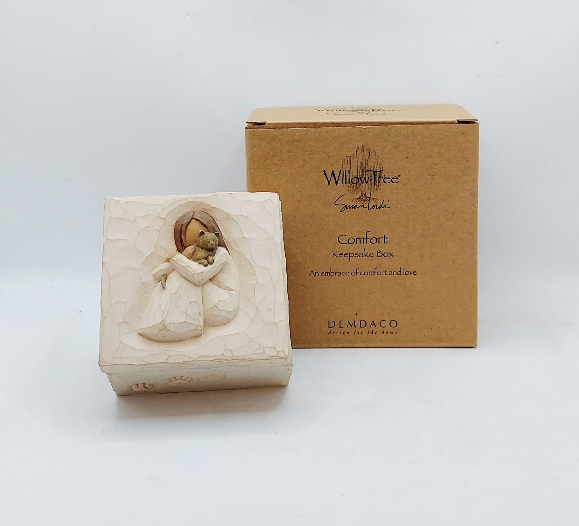 2003 Willow Tree Comfort Keepsake Memory Trinket Box Girl & Cat Paw Prints