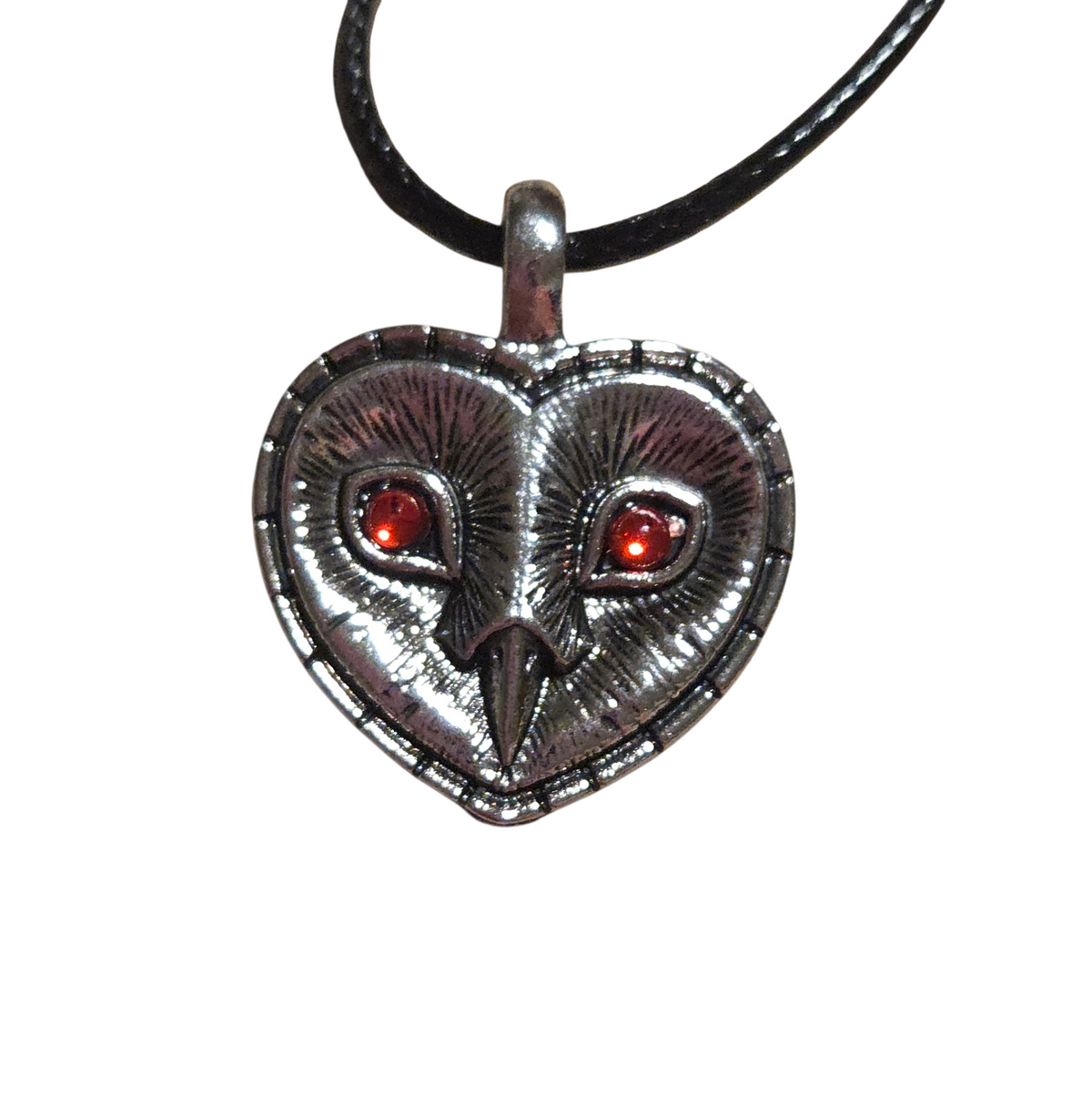 Zinc Alloy Heart Barn Owl w/ Red Eyes Pendant Cord Necklace image 3