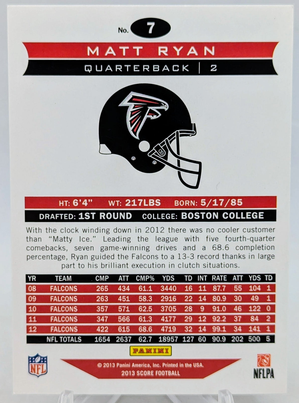 2013 Panini Score #7 Matt Ryan Atlanta Falcons Scorecard image 2
