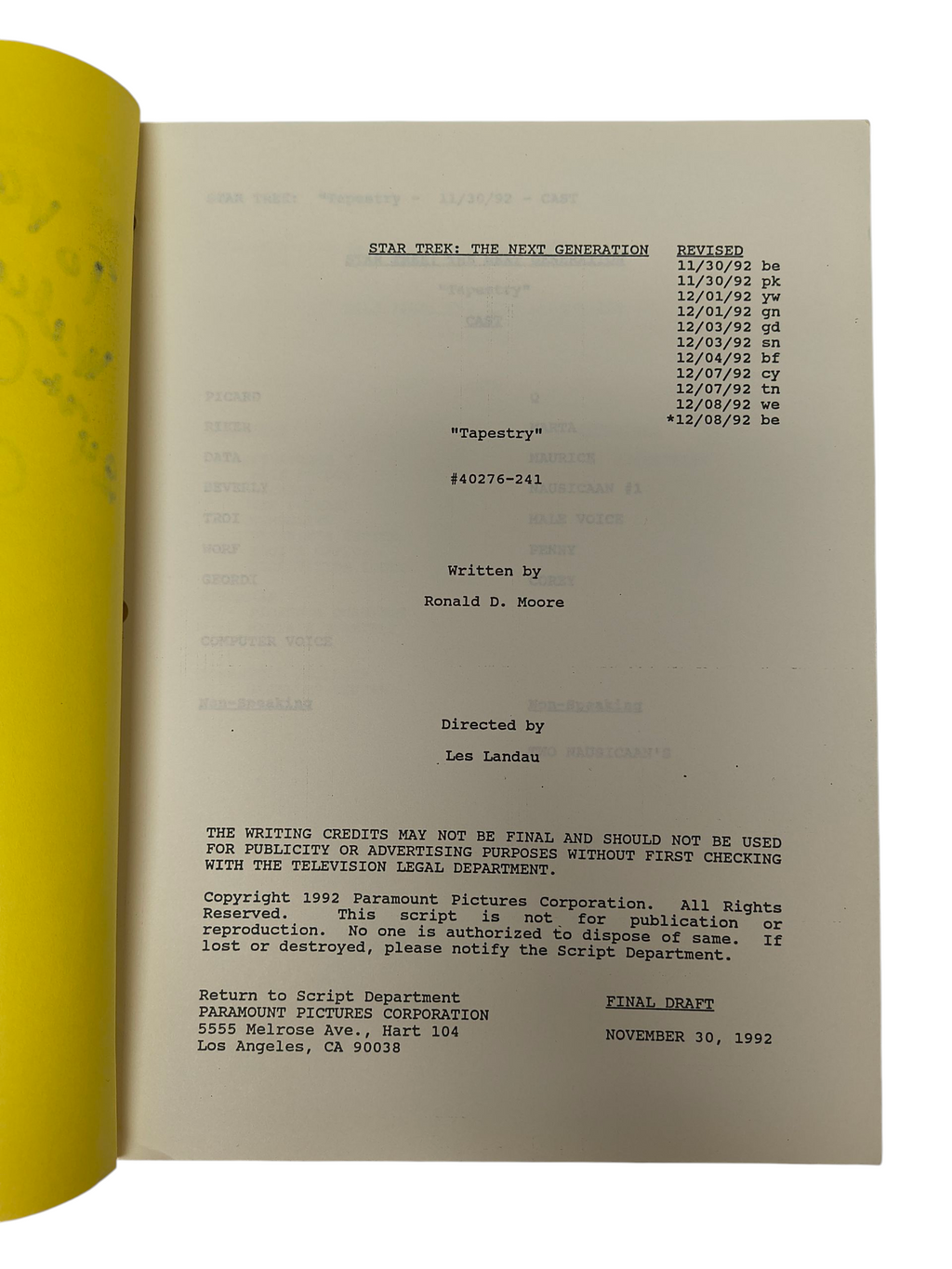 Star Trek The Next Generation Tapestry Original Script 1992 Signed Majel Barrett image 2