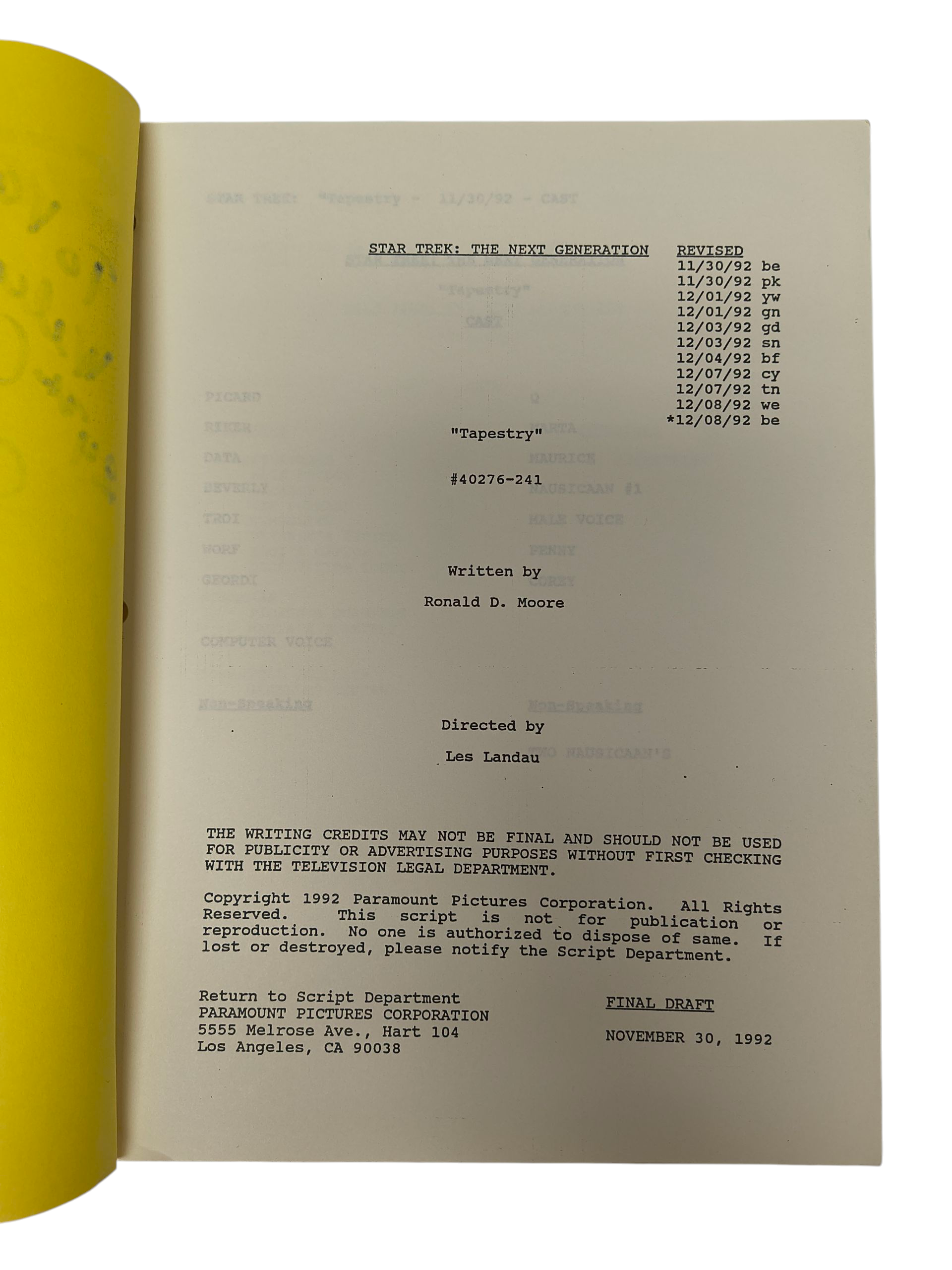 Star Trek The Next Generation Tapestry Original Script 1992 Signed Majel Barrett image 2