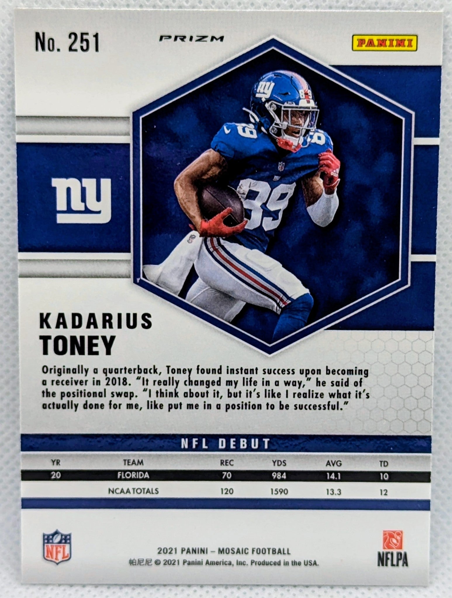 2021 Panini Mosaic Silver Prizm Kadarius Toney NFL Debut Rookie RC #251 Giants image 2