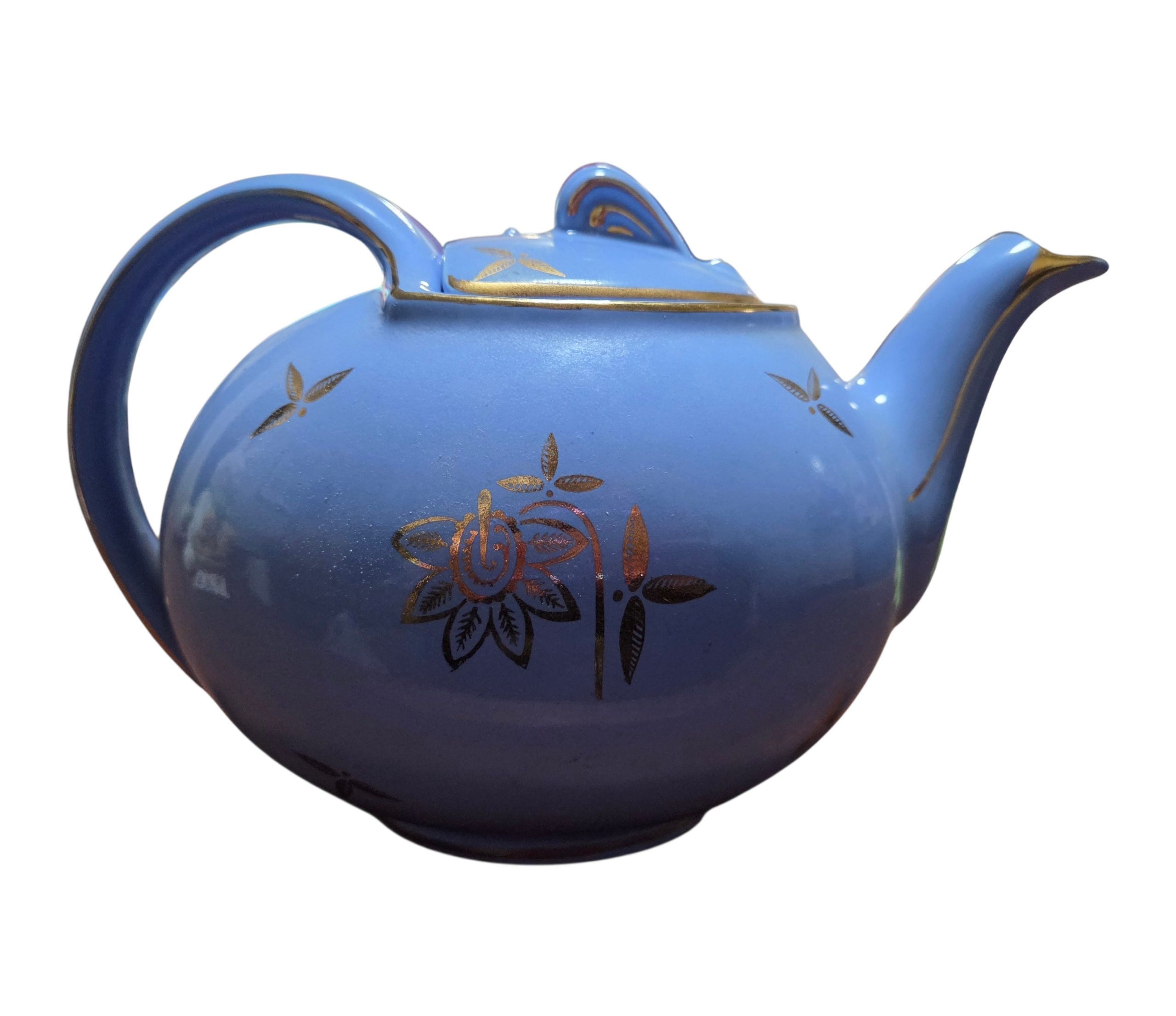 1940's Hall 6 Cup Teapot 0749 Cadet Blue Gold Hook Lid USA Pottery