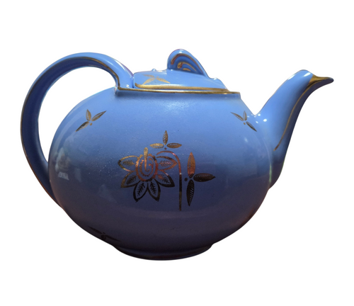 1940's Hall 6 Cup Teapot 0749 Cadet Blue Gold Hook Lid USA Pottery