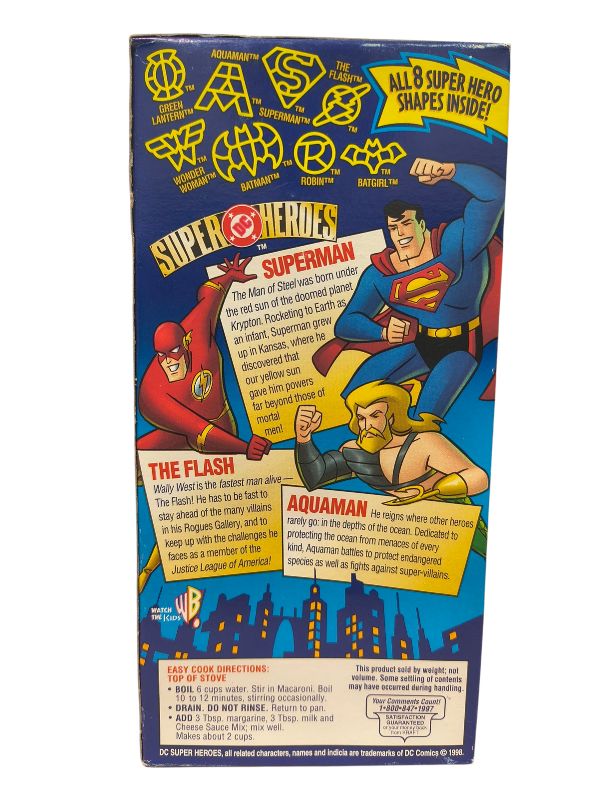 1998 Kraft Macaroni Cheese DC Super Heroes Box Superman The Flash Aquaman image 2