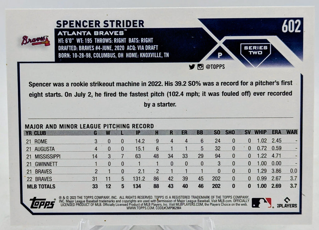 2023 Topps Series 2 Spencer Strider Rookie Cup Royal Blue Parallel Braves #602 image 2