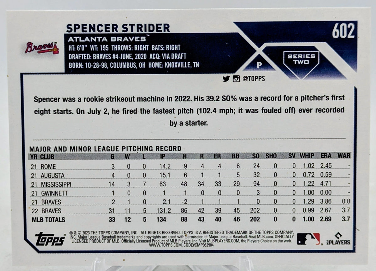 2023 Topps Series 2 Spencer Strider Rookie Cup Royal Blue Parallel Braves #602 image 2