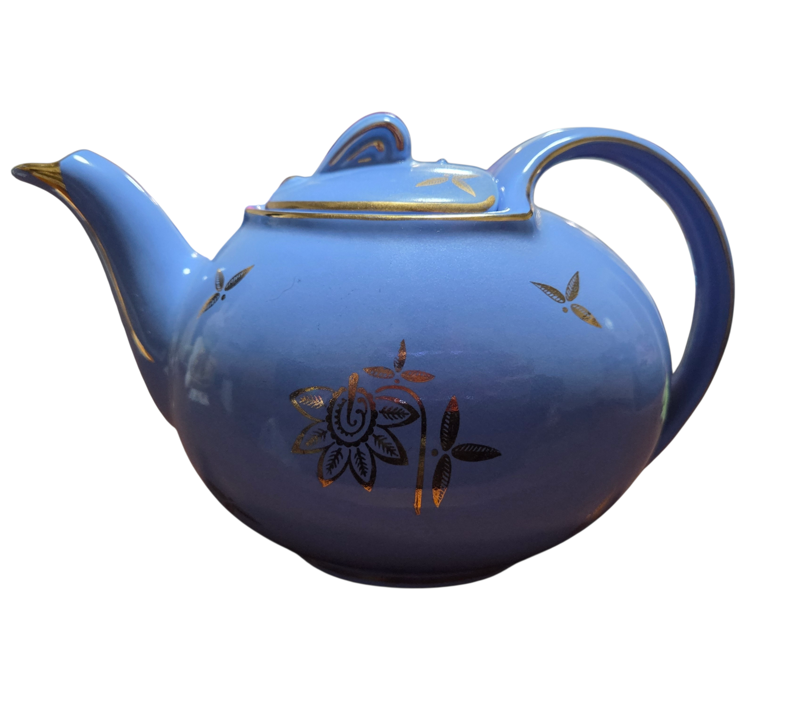 1940's Hall 6 Cup Teapot 0749 Cadet Blue Gold Hook Lid USA Pottery image 2