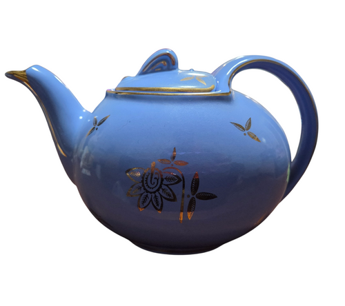 1940's Hall 6 Cup Teapot 0749 Cadet Blue Gold Hook Lid USA Pottery image 2
