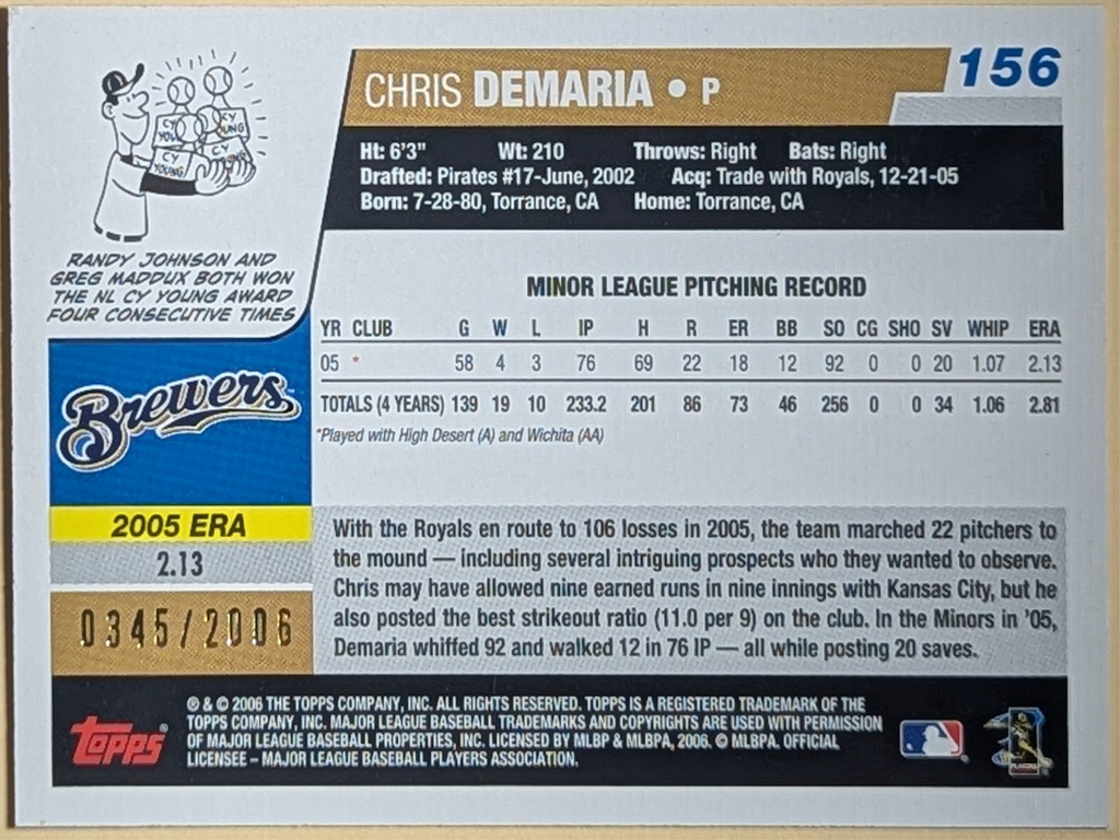 2006 Topps Opening Day #156 Chris Demaria Red Foil Milwaukee Brewers RC /2006 image 2